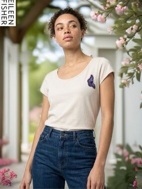 EILEEN FISHER Cream Scoop Neck Cap Sleeve Top with Butterfly Detail